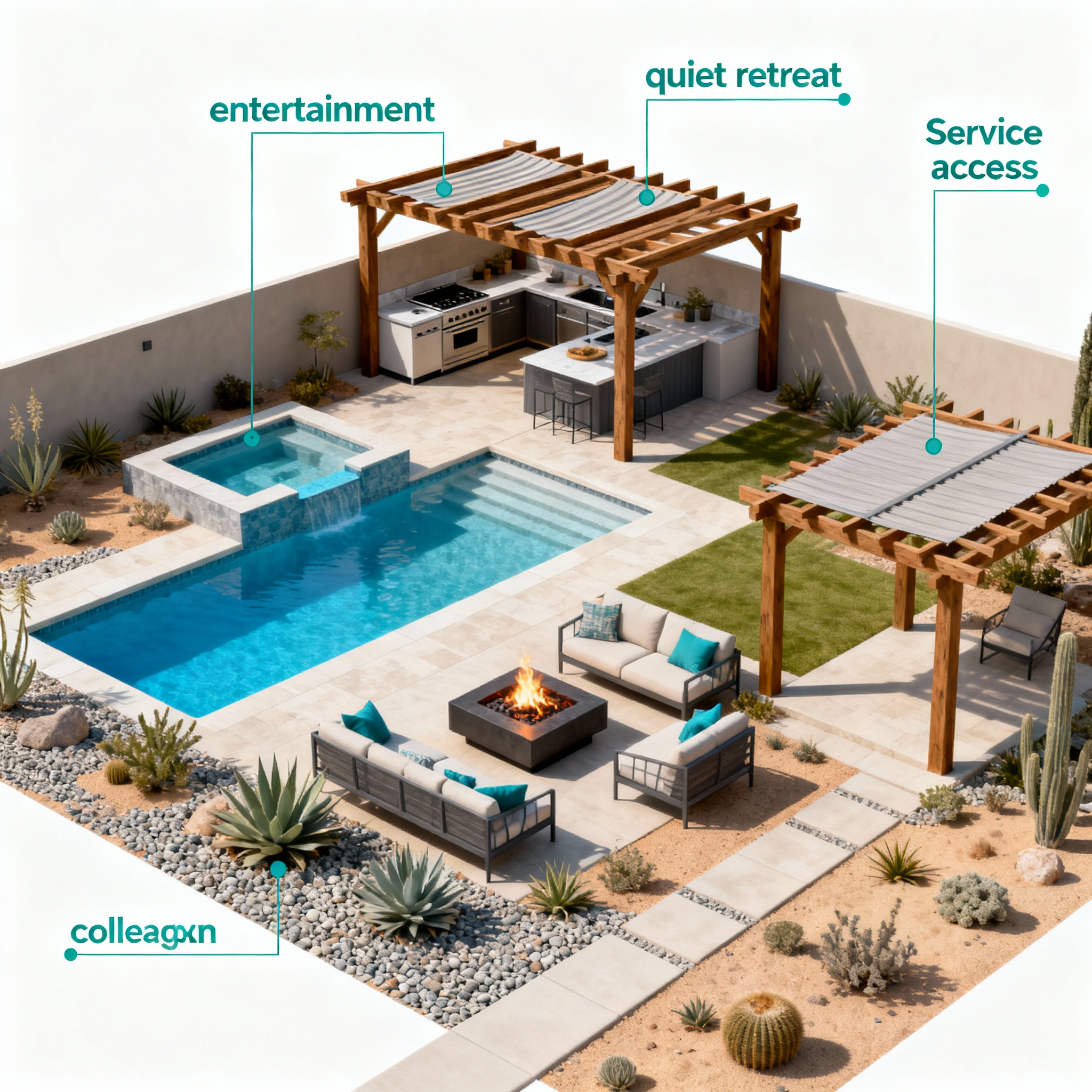 Isometric photorealistic diagram showing layered backyard zones: pool and spa, outdoor kitchen with pergola shading, loung...