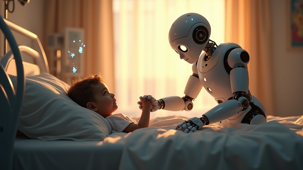 Robot Unitree G1 del Proyecto SAAKI interactuando en un entorno hospitalario pediátrico.