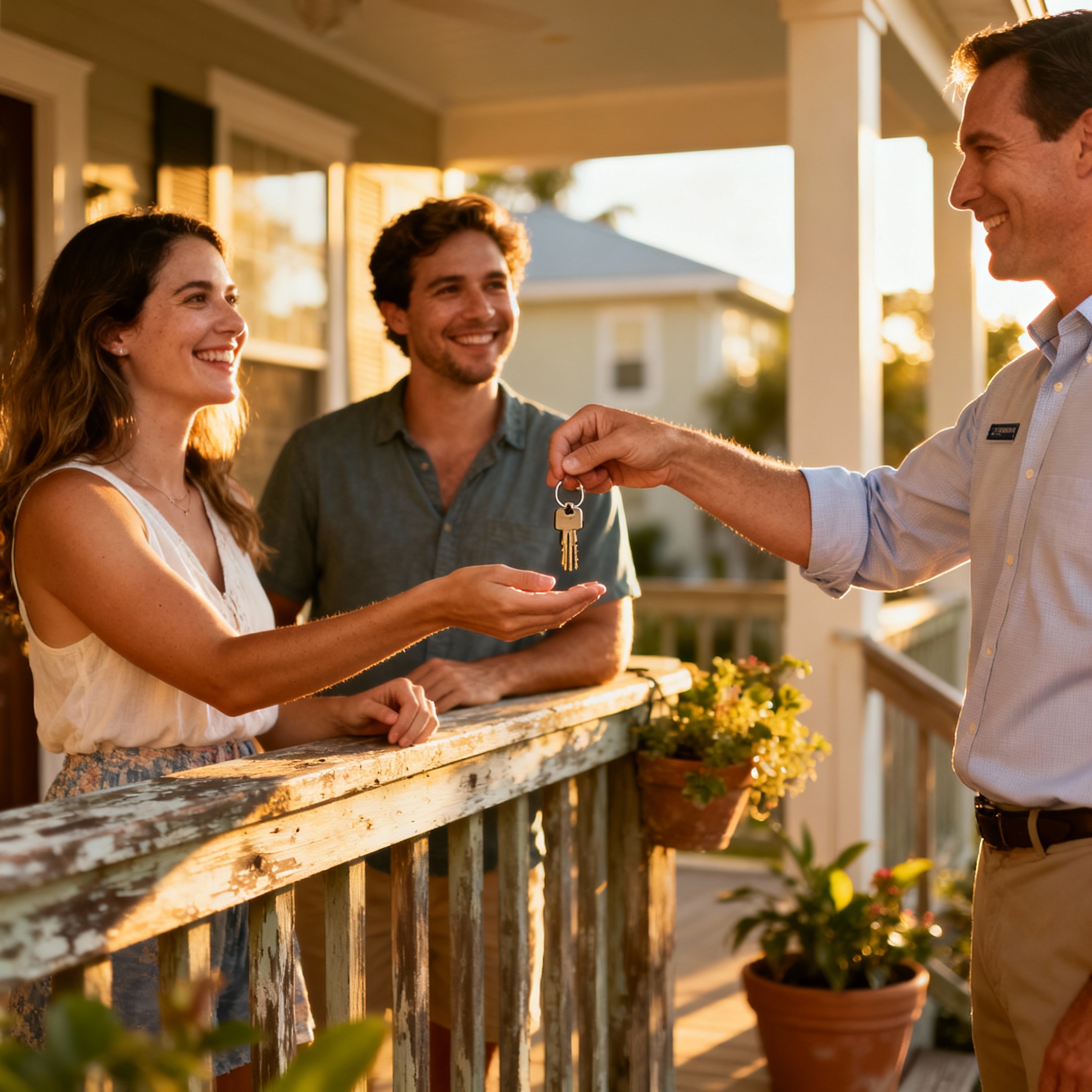 Close-up photo of a property manager handing keys to smiling guests on a sunny Fort Pierce porch, candid and friendly, pho...