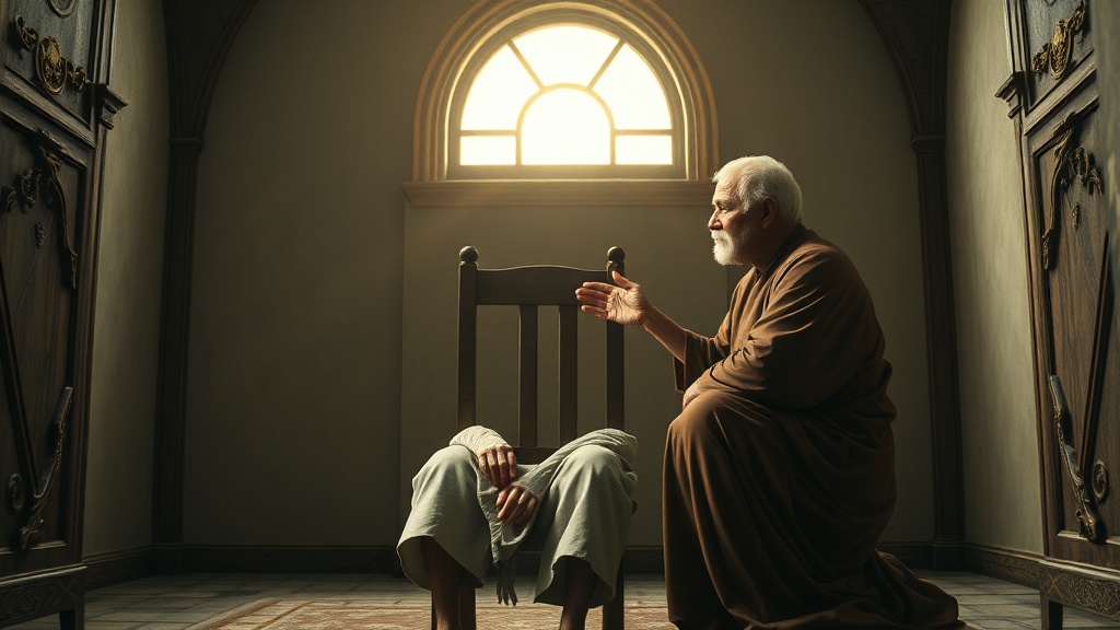 Allegorical scene depicting solitude and compassionate care in classical style