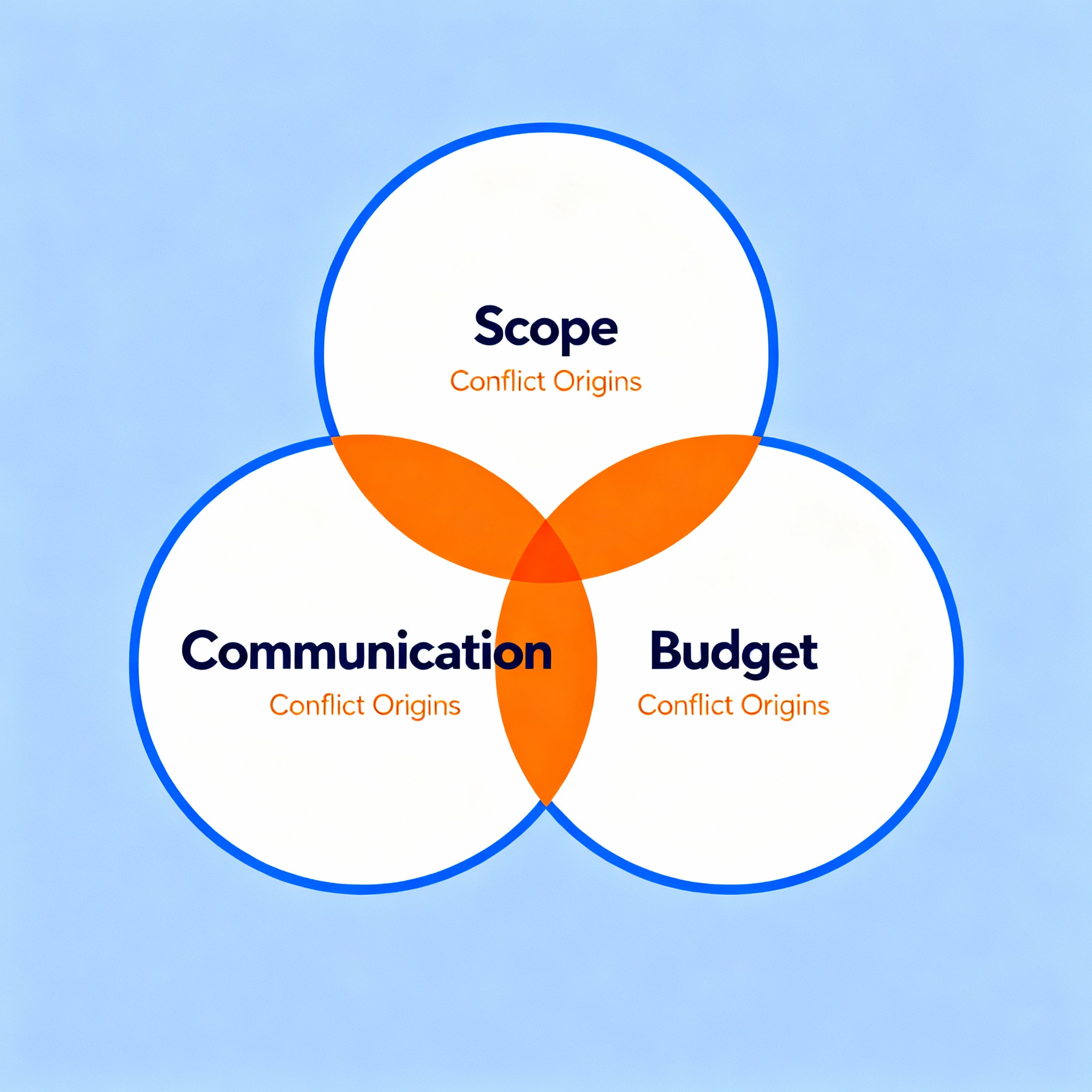 Minimalist infographic showing three overlapping circles labeled Scope, Communication, and Budget, modern flat illustratio...