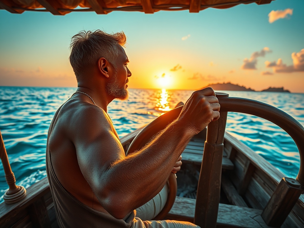 The Captain's Hand on the Rudder at Sunset