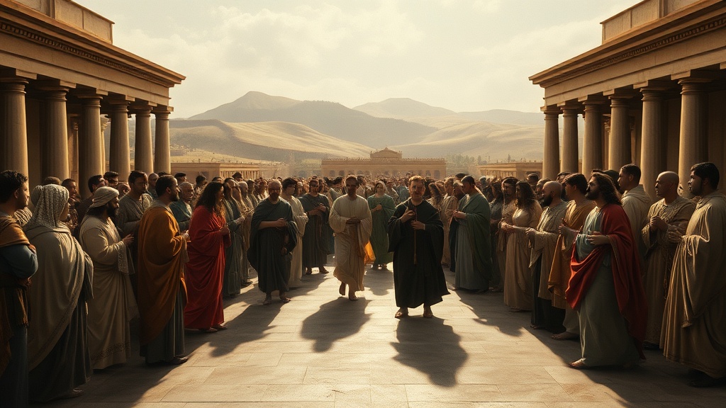 고전적 양식으로 묘사된 엄숙한 행렬의 장면