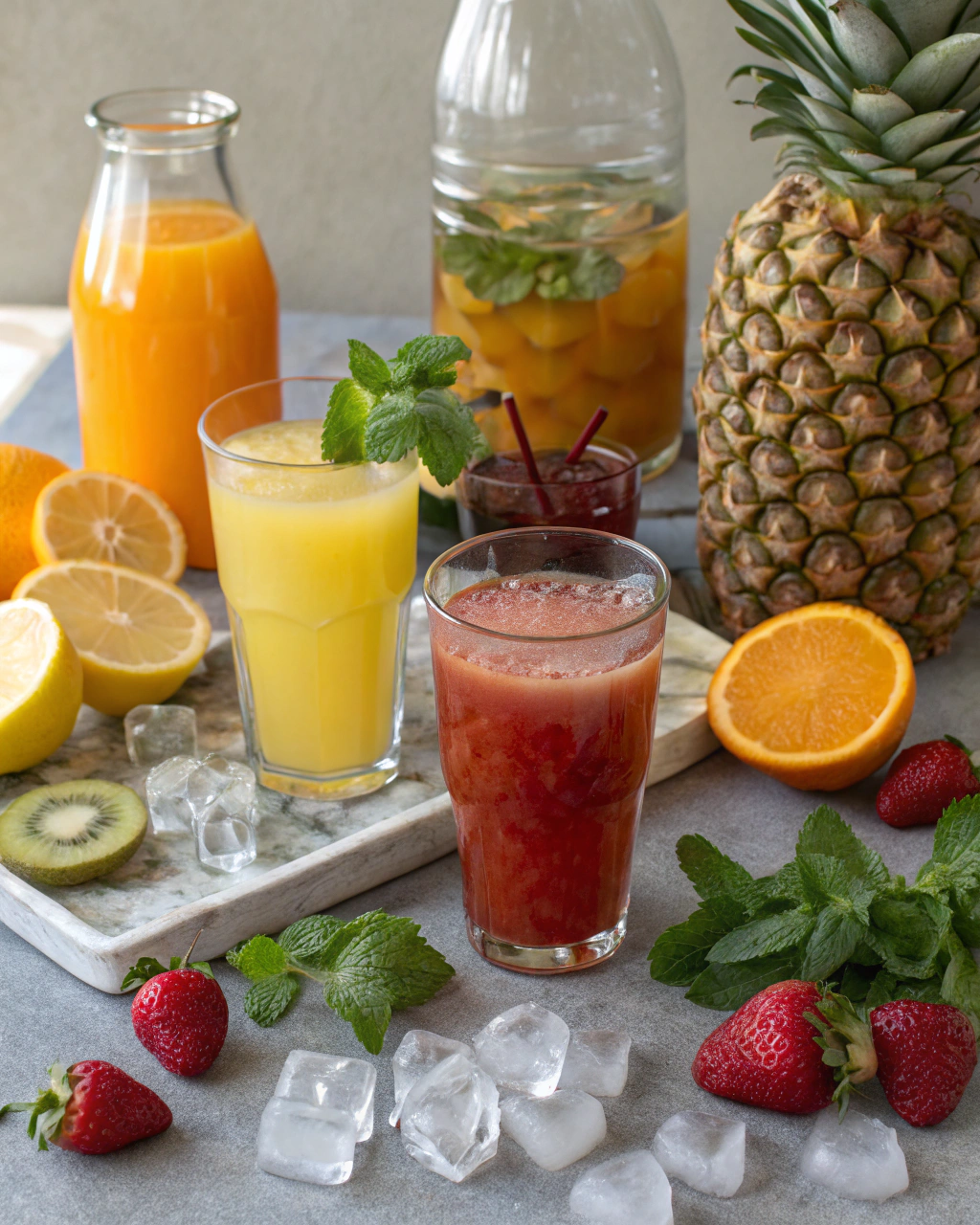 Fruit Punch Mocktail ingredients laid out on clean white counter