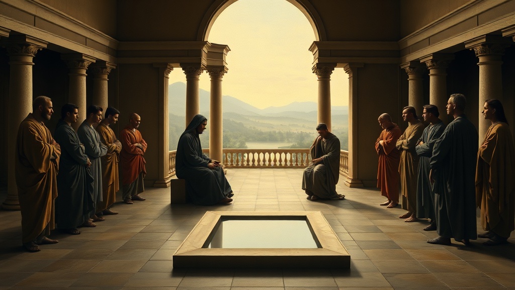 고요한 실내에서 중재자가 두 무리 사이에 앉아 화해를 이끄는 고전적 회화 풍경