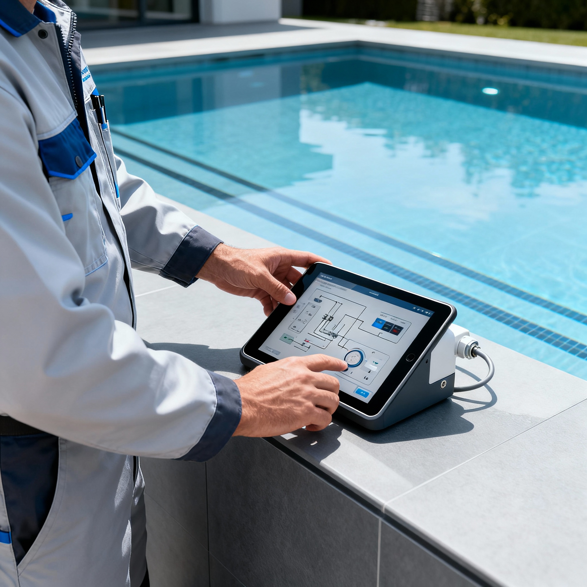 Close-up photorealistic shot of a technician adjusting pool automation from a tablet beside a modern pool, clean professio...