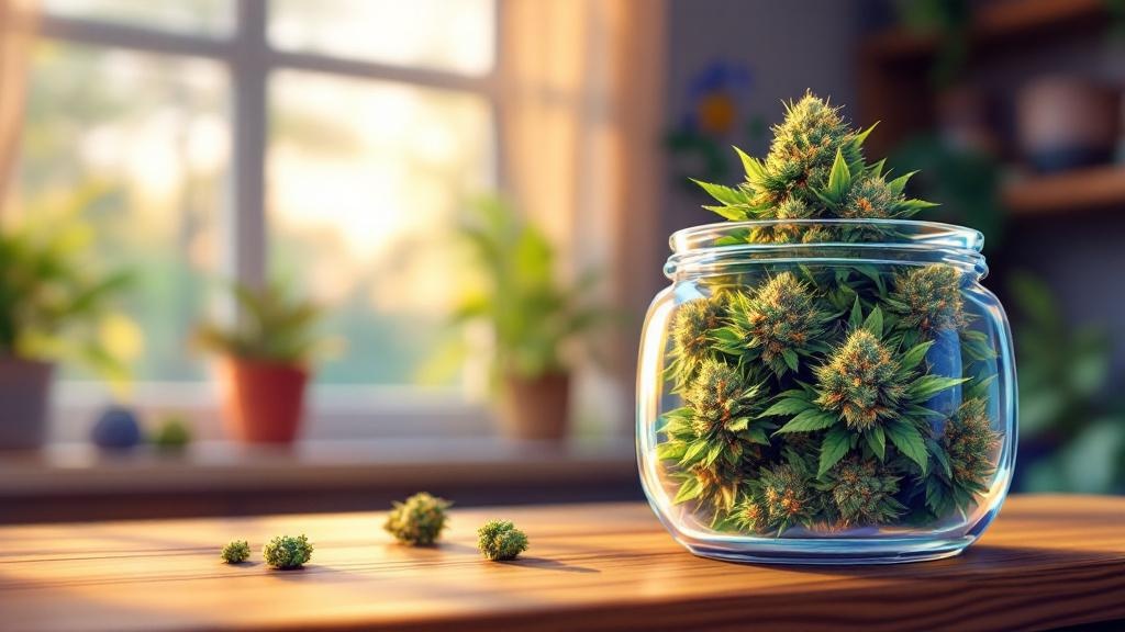 High-quality cannabis buds in glass jar cartoon illustration