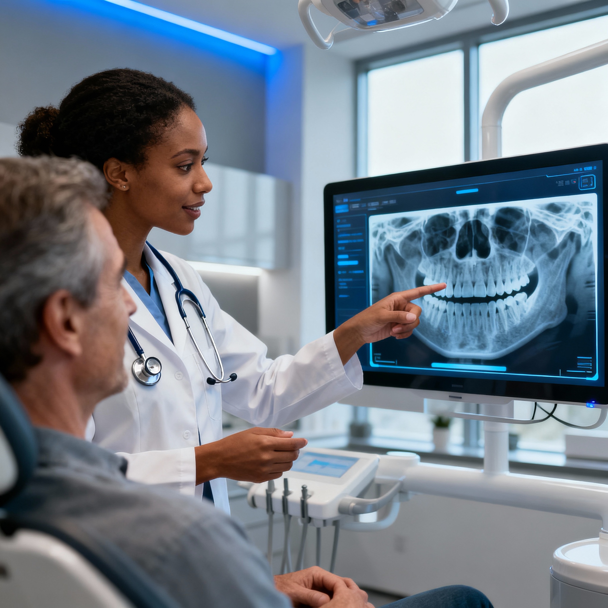 Close-up, photorealistic image of a female dentist (American) consulting with an adult patient, pointing to a digital X-ra...