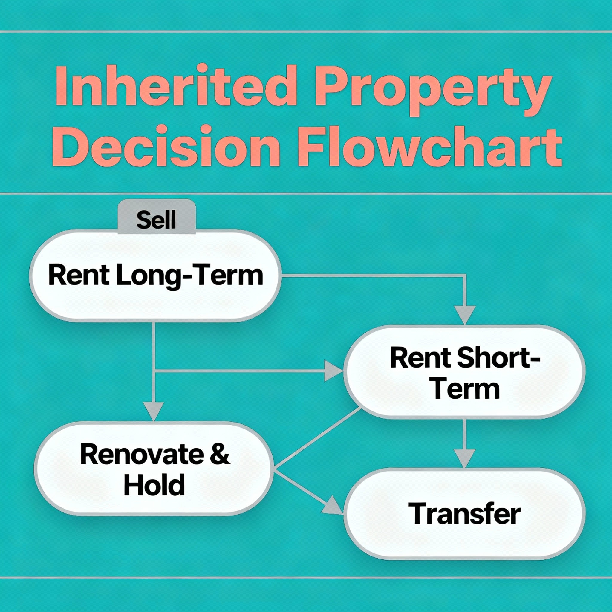 Clean infographic-style visual showing a decision flowchart for inherited property: options Sell, Rent Long-Term, Rent Sho...