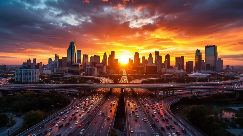 Houston highway system with heavy traffic at sunset