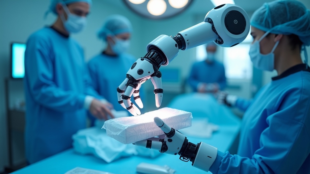 Innovadora pinza robótica para envases estériles en un entorno conceptual de laboratorio.