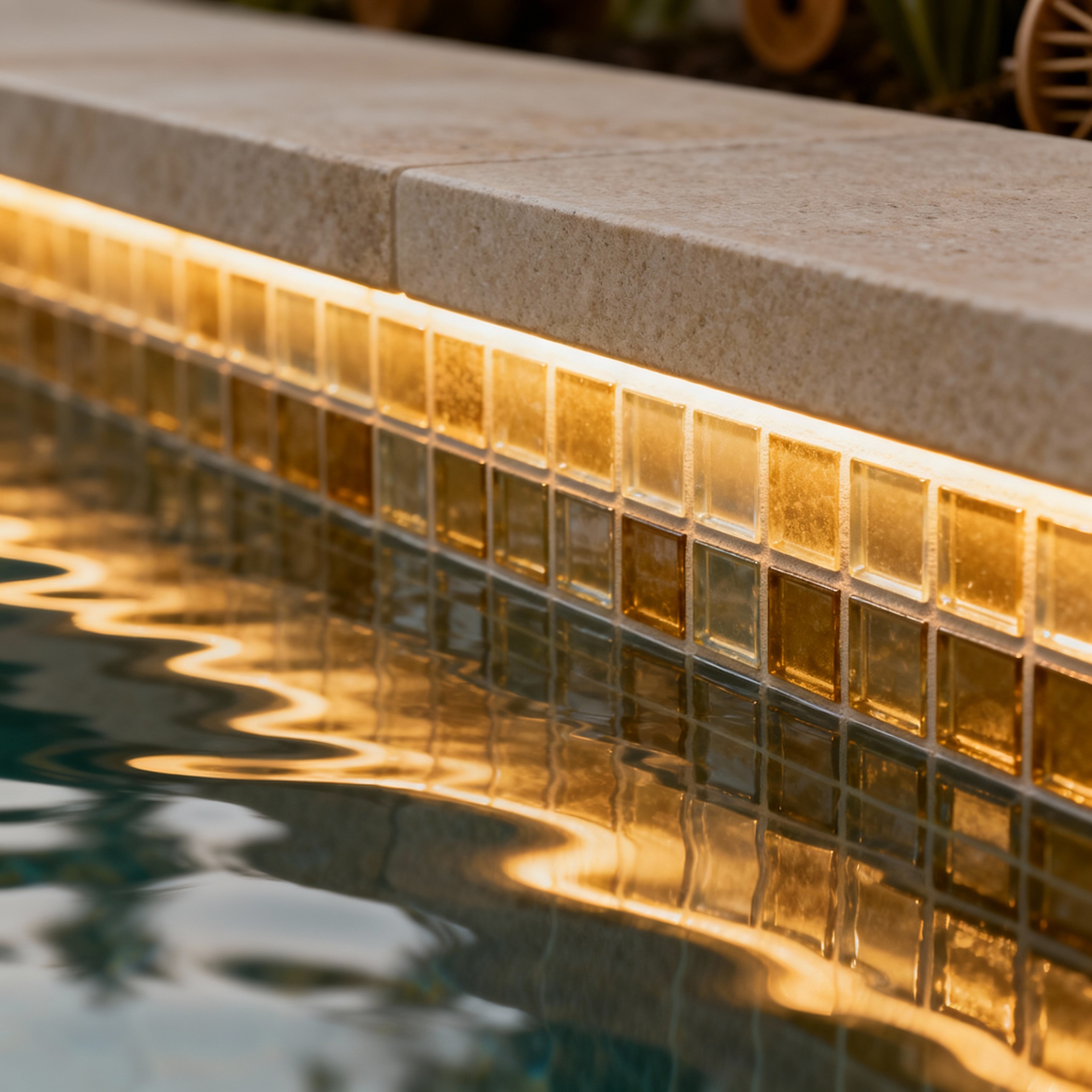 Photorealistic close-up of premium spool finishing details: a hand-laid glass tile waterline, honed stone coping, and in-w...