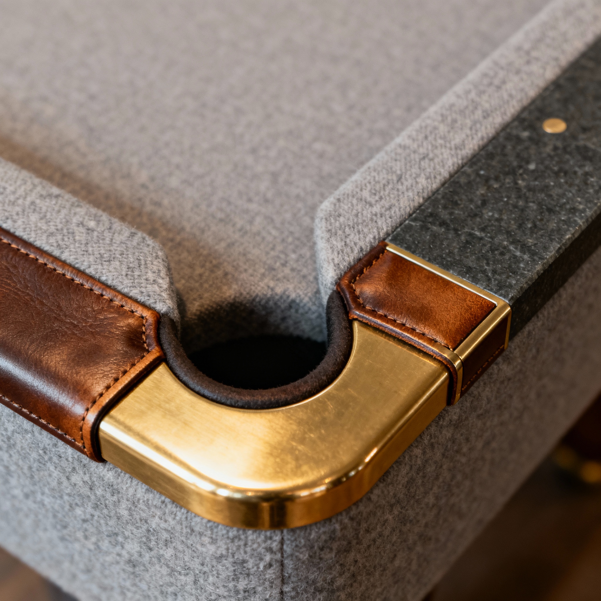 Close-up photorealistic detail of a pool table corner showing premium felt, leather pocket trim, brass inlay, and a visibl...