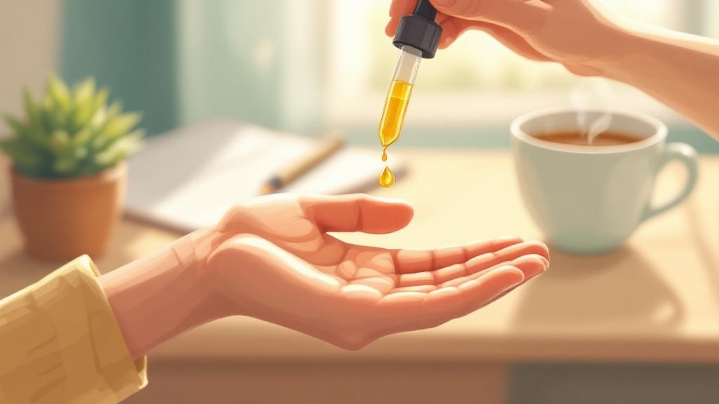 Cartoon hand carefully measuring cannabis oil drops