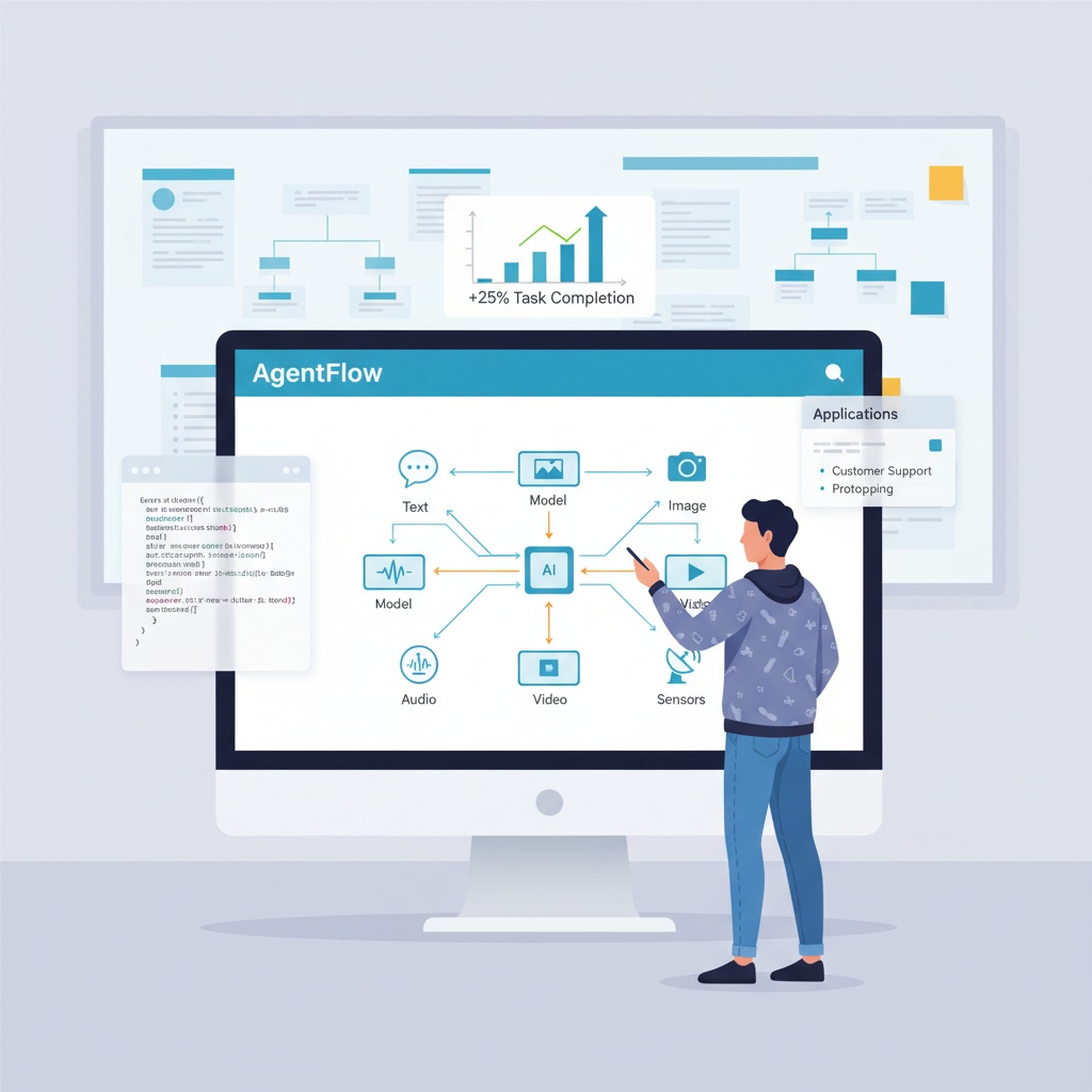 Infographic of AgentFlow – visual of interconnected modalities and researcher workspace