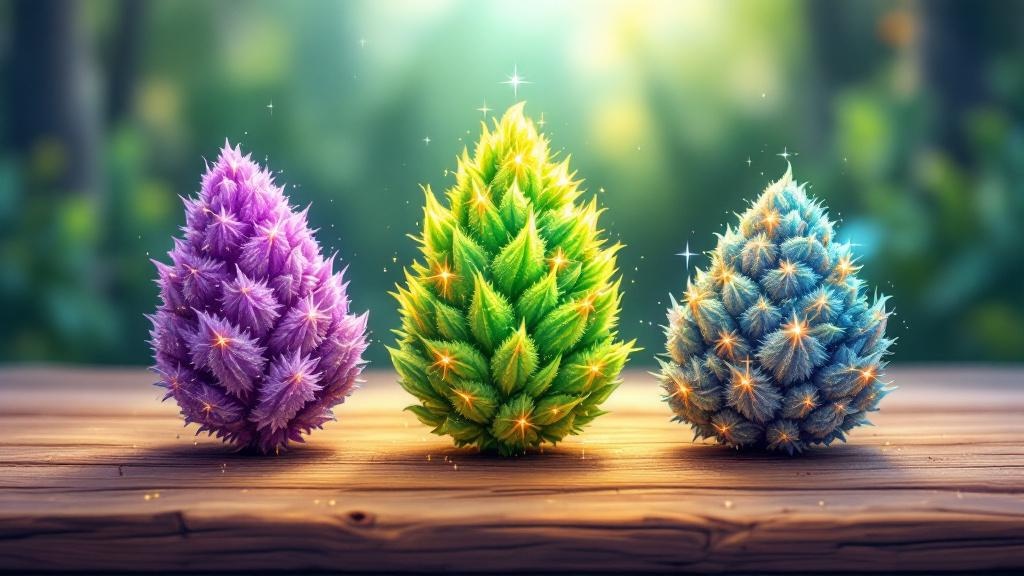 Cartoon illustration of three different cannabis flower varieties