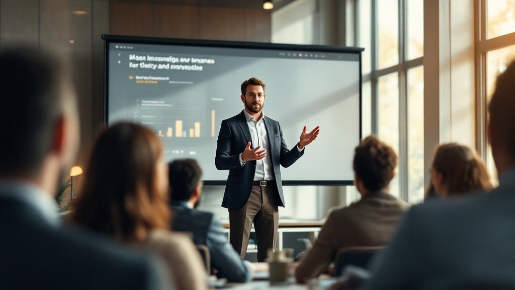 Professional delivering confident presentation to engaged audience