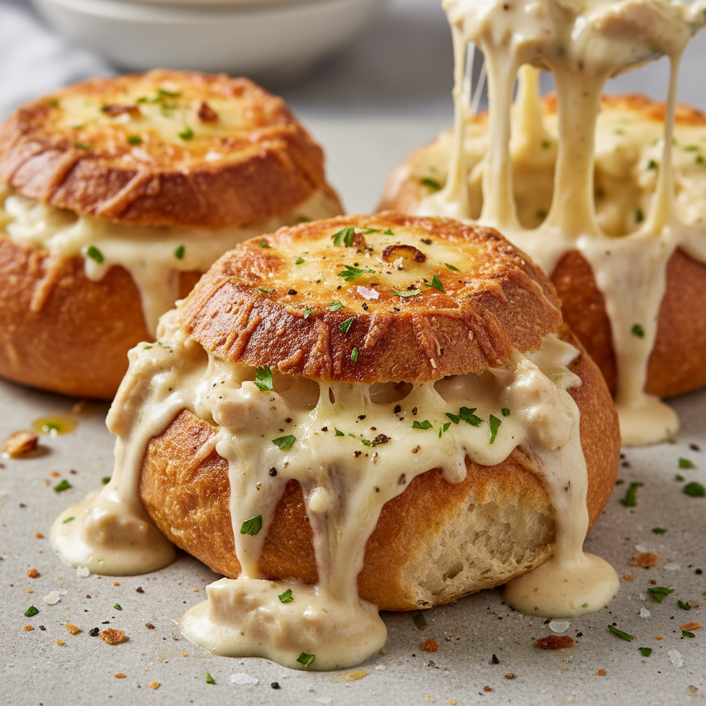 Chicken Alfredo Garlic Bread Bowls