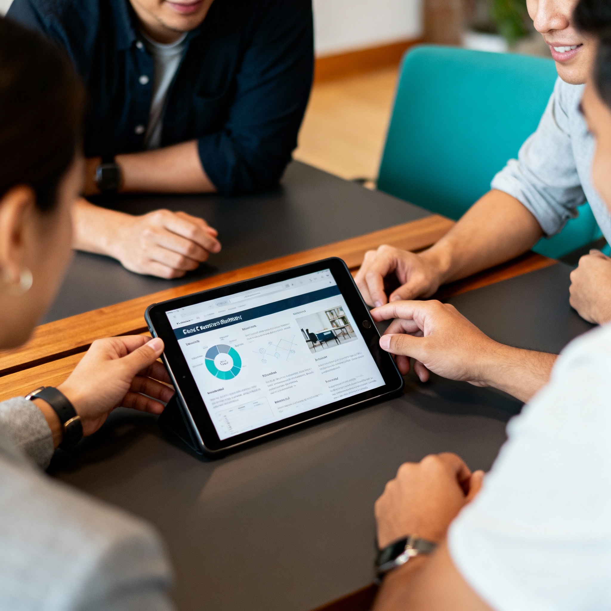 Close-up modern office scene, a small team around a table reviewing a content brief on a tablet, candid and collaborative ...