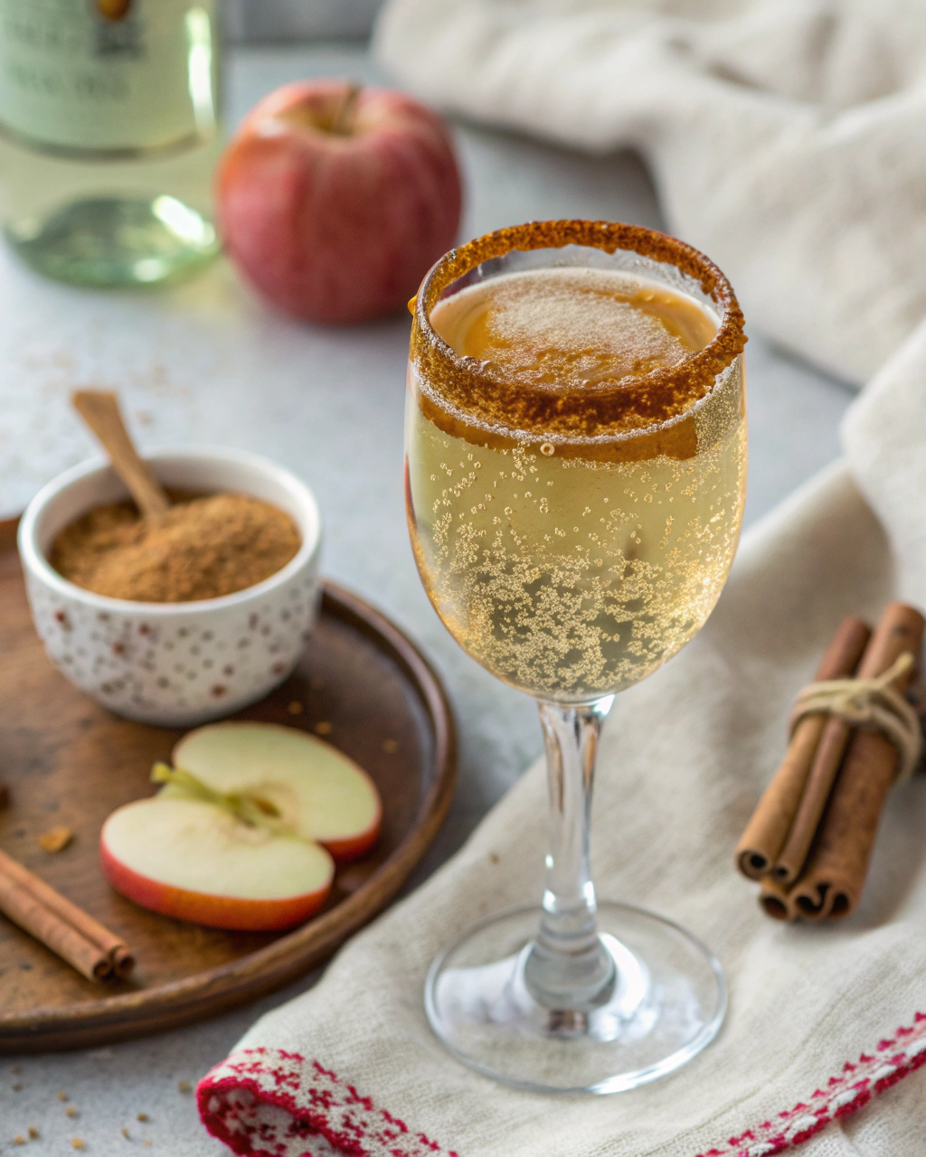 Apple Mimosa Mocktails ingredients laid out on clean white counter