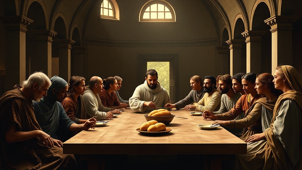 An allegorical, scripture-inspired religious banquet rendered in the style of Leonardo da Vinci: a wide 16:9 landscape showing a serene, timeless hall with rounded arches and classical architectural elements receding into atmospheric depth.