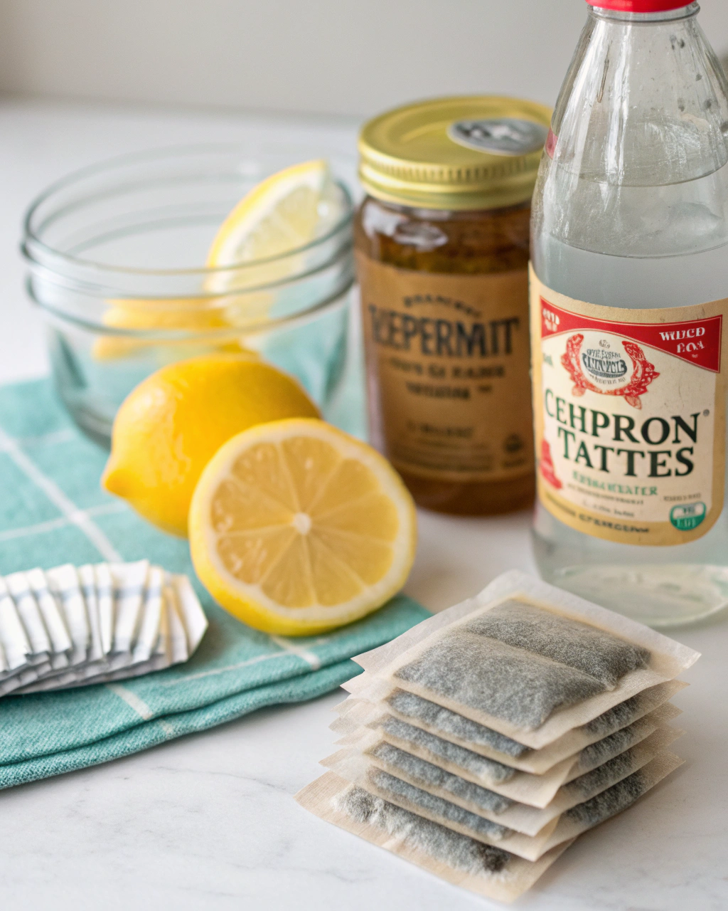 Peppermint Tea Mocktail ingredients laid out on clean white counter