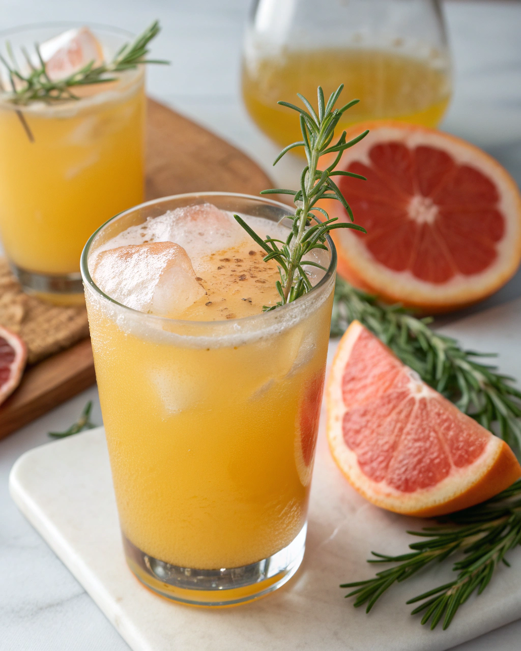 Grapefruit MartiNO Mocktail ingredients laid out on clean white counter
