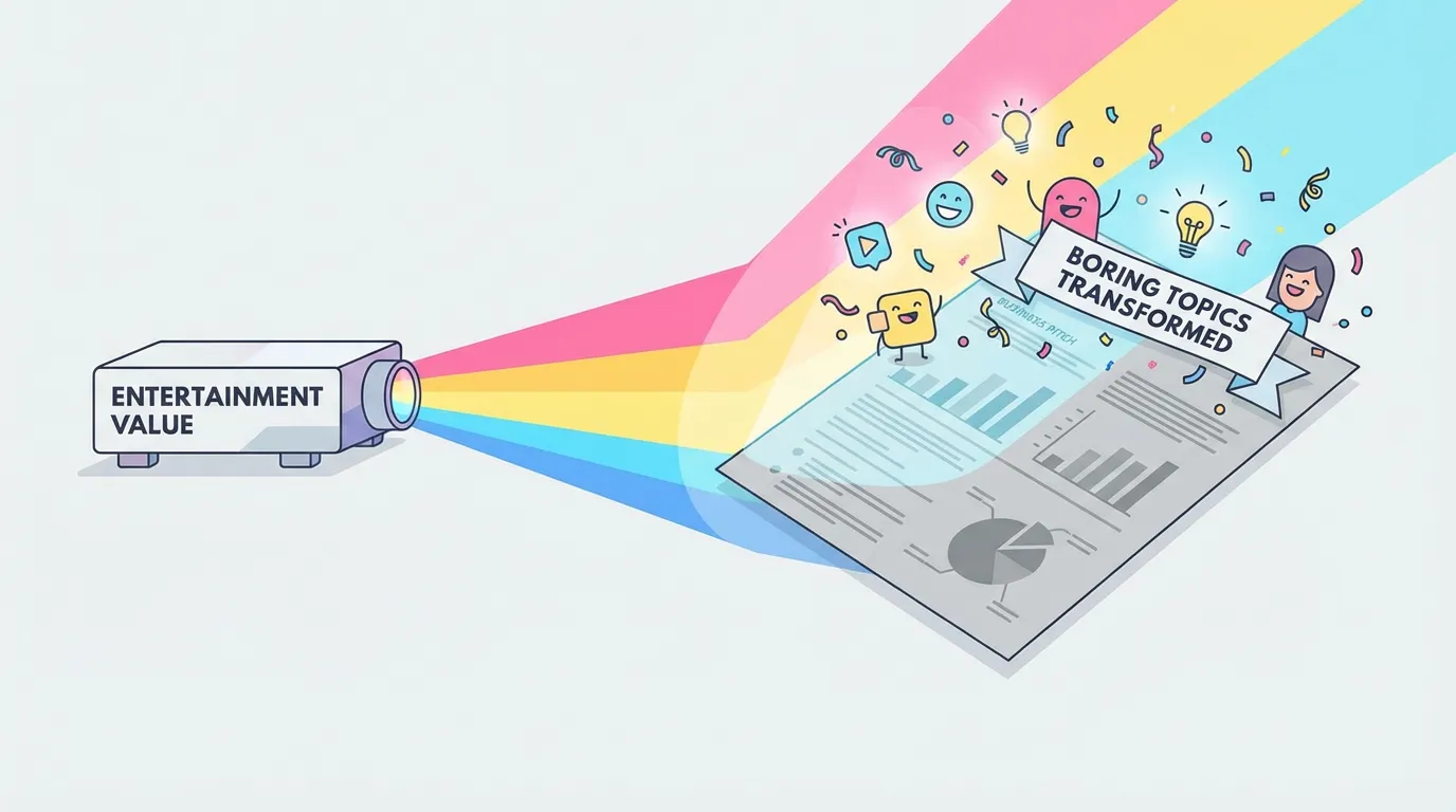 Conceptual image of adding 'entertainment value' to boring topics, like a spotlight shining on a document representing a business pitch.