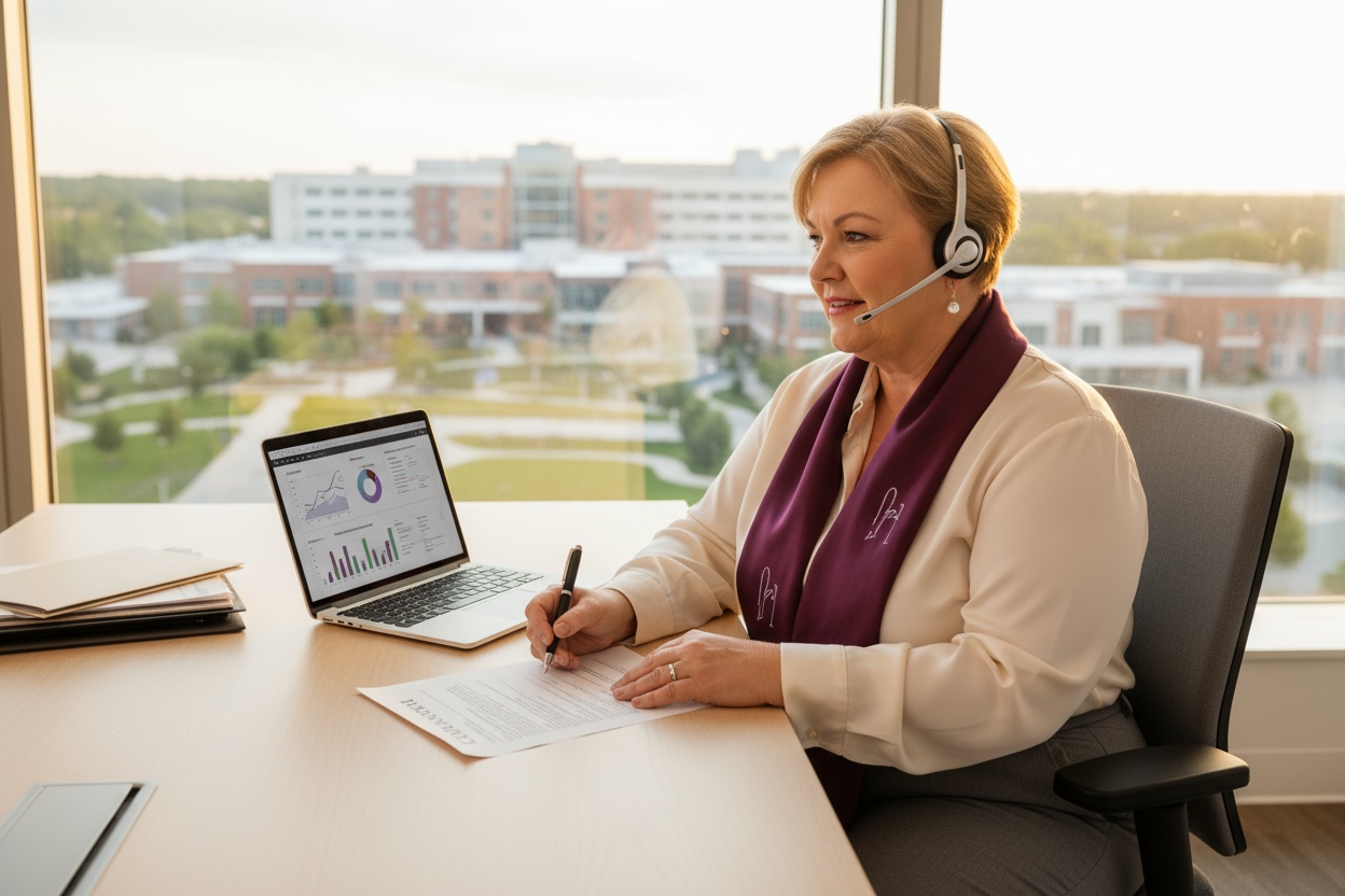 Senior hospital administrator at desk reviewing and annotating a contract with a laptop showing analytics, office window overlooking the hospital campus, warm natural lighting and candid professional expression.