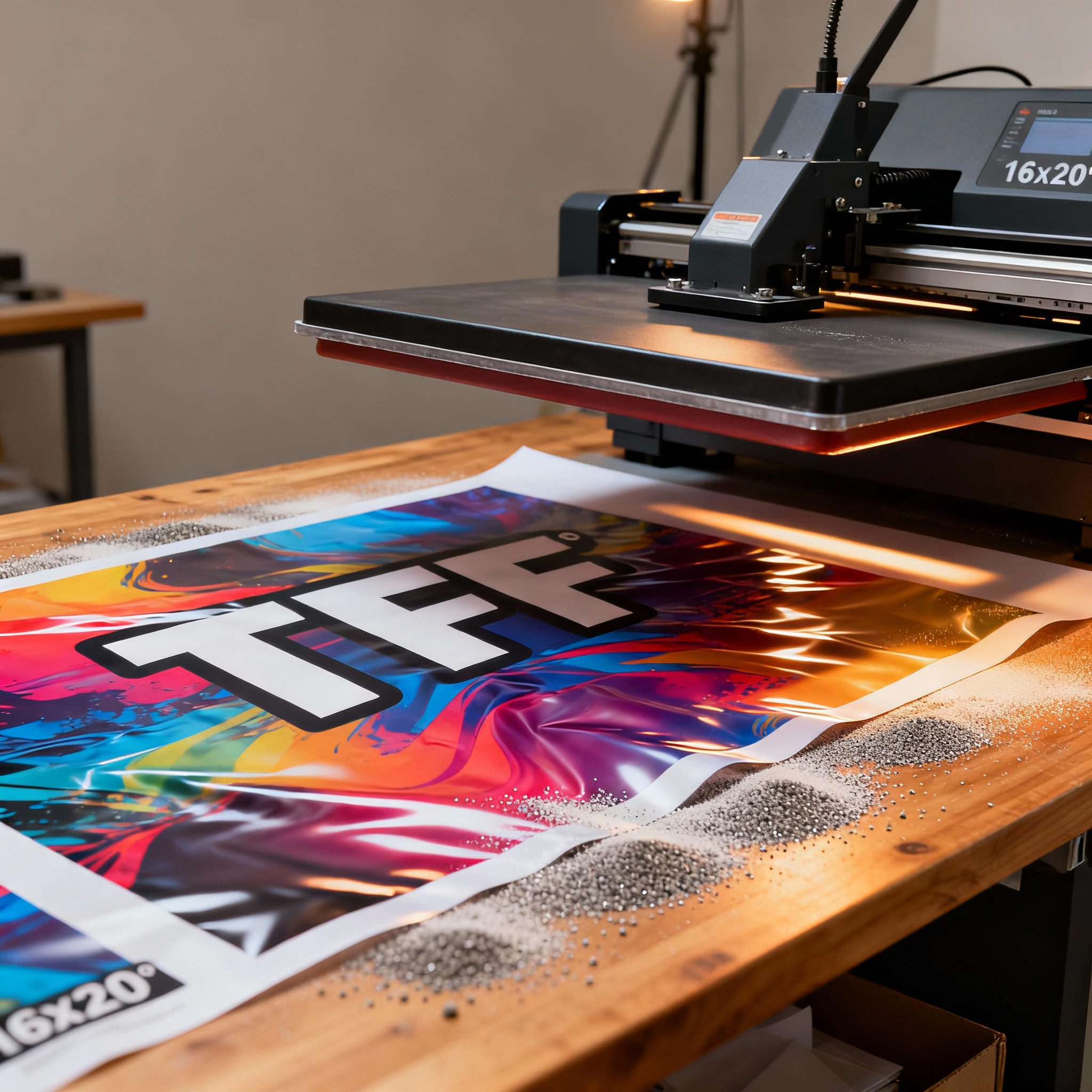 Close-up, photorealistic image of a large gang sheet of colorful DTF transfers on a workbench next to a 16x20