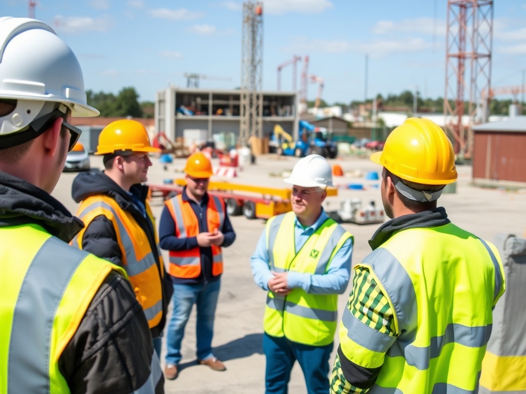 Construction site induction training health and safety briefing workers in hard hats with safety equipment demonstration