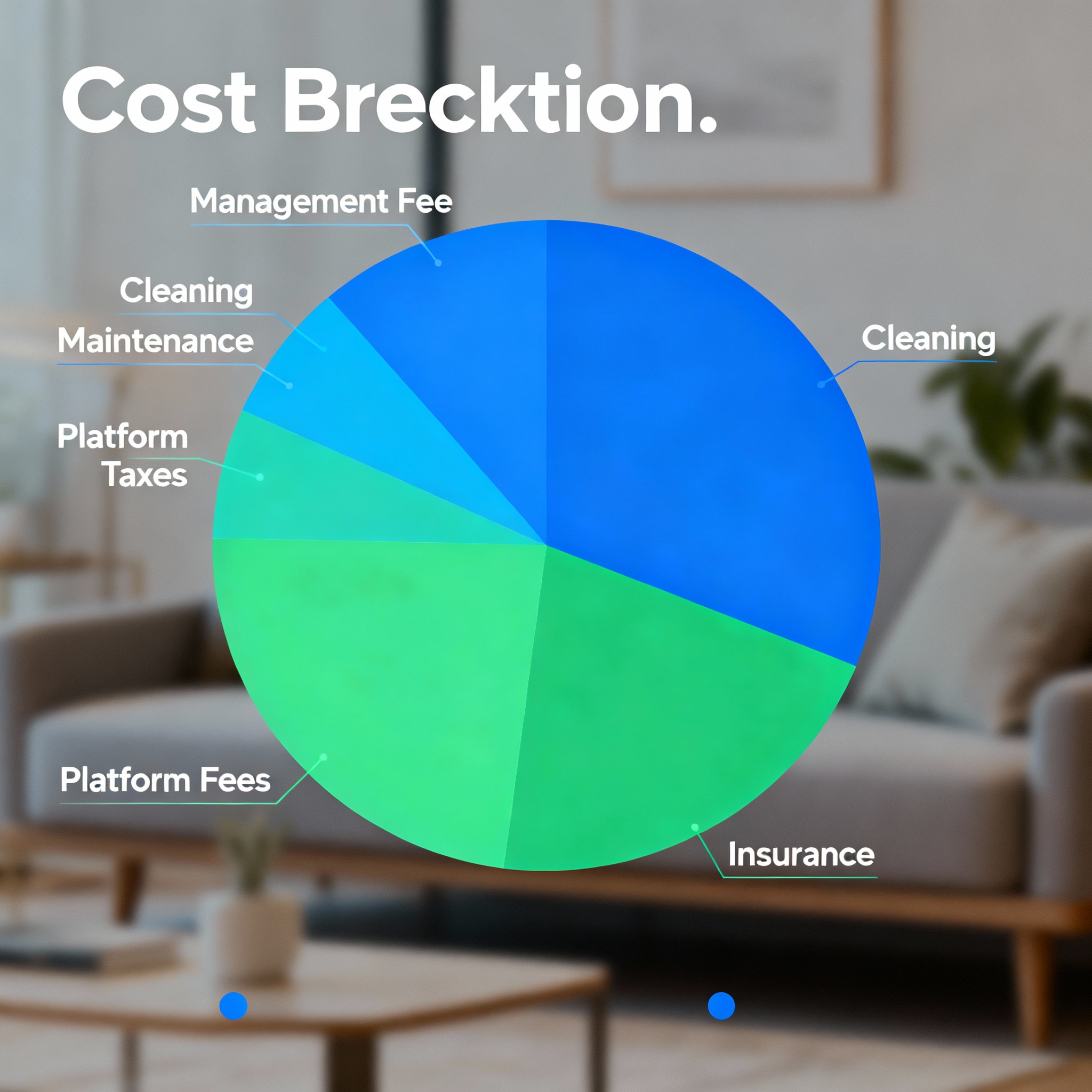 Modern infographic style visual showing a cost breakdown pie chart, labeled segments for management fee, cleaning, mainten...