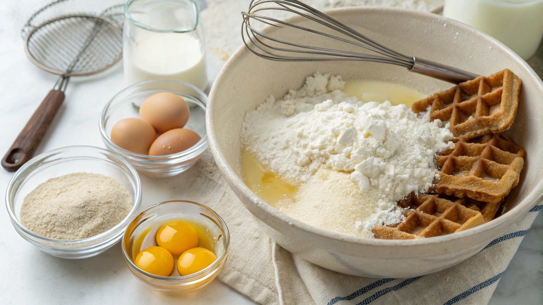 Waffle ingredients laid out on a kitchen counter