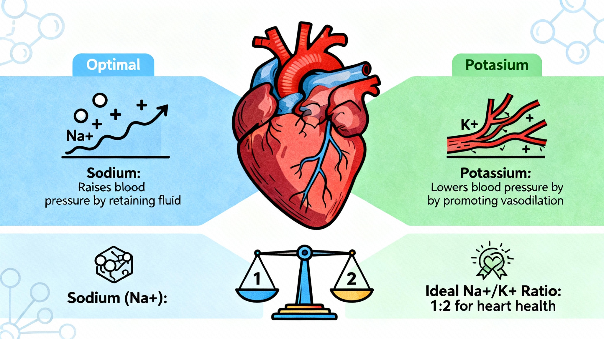 Illustration showing how sodium and potassium affect blood pressure and heart health, optimal heart, and the sodium-potassium ratio.