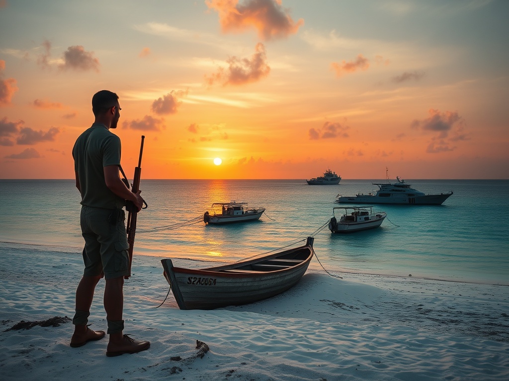 A Soldier's Watch at Sunset on a Quiet Island Outpost