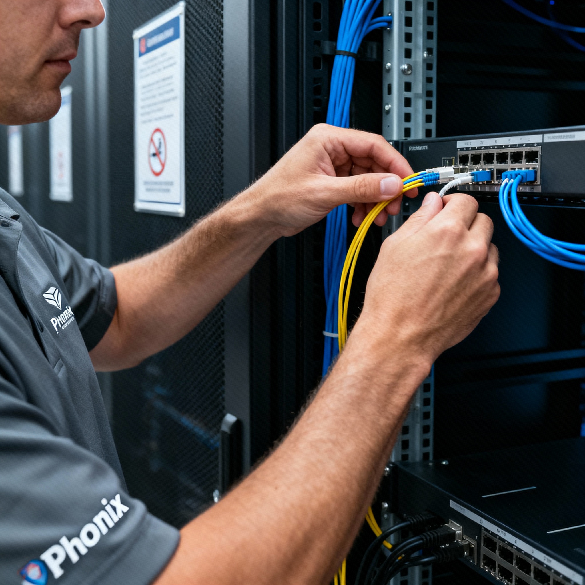 Close-up photograph of an IT engineer performing a rack inspection inside a secure Phoenix data center, wearing company-br...
