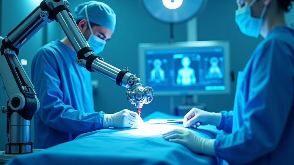 Sistema de Cirugía Robótica Da Vinci Xi en un quirófano moderno, mostrando la consola del cirujano y los brazos robóticos.