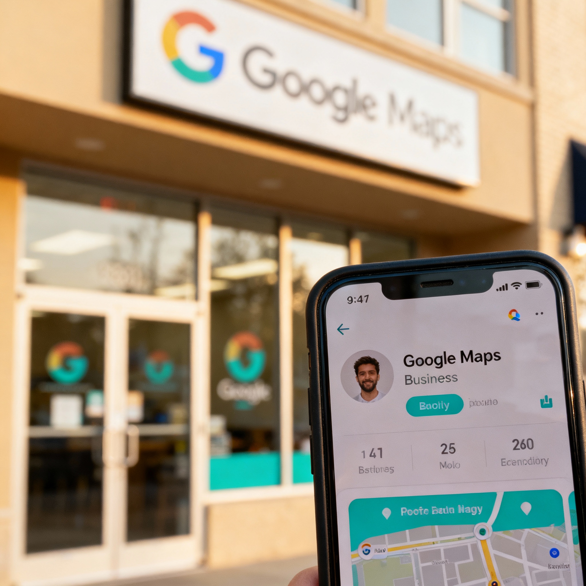 A photorealistic close-up of a local service provider's storefront with a smartphone in the foreground showing the busines...