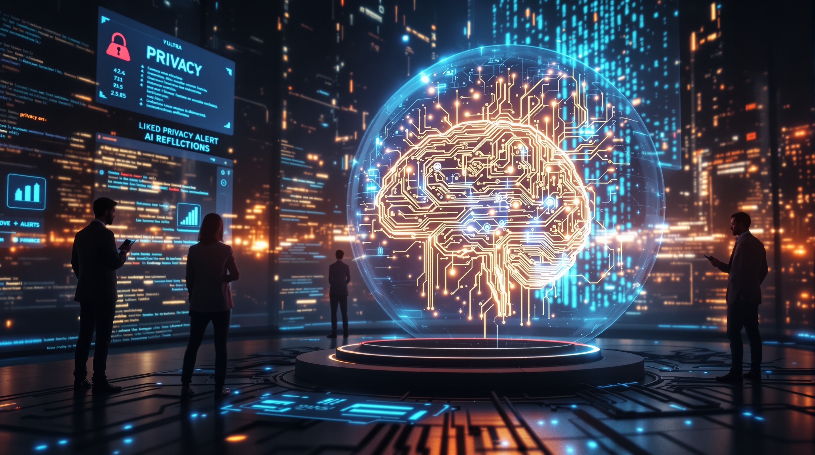 Conceptual illustration representing AI ethics and data privacy with humans examining a glowing AI brain inside a translucent sphere surrounded by digital panels.