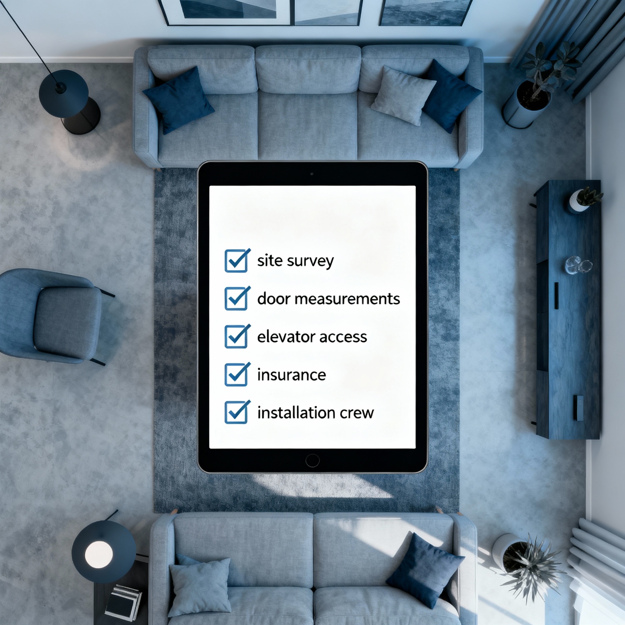 Minimalist infographic style photograph showing a checklist on a tablet in a modern living room, items checked: site surve...