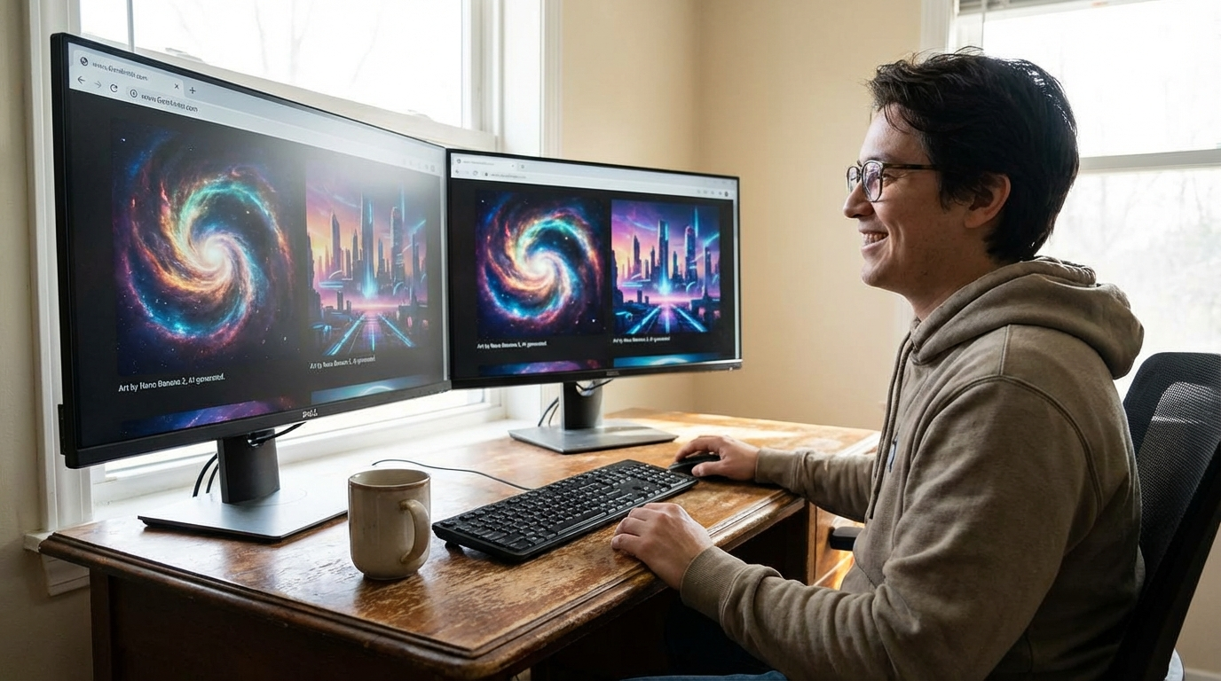 Beginner using Nano Banana 2 on GenAIntel platform with AI-generated images