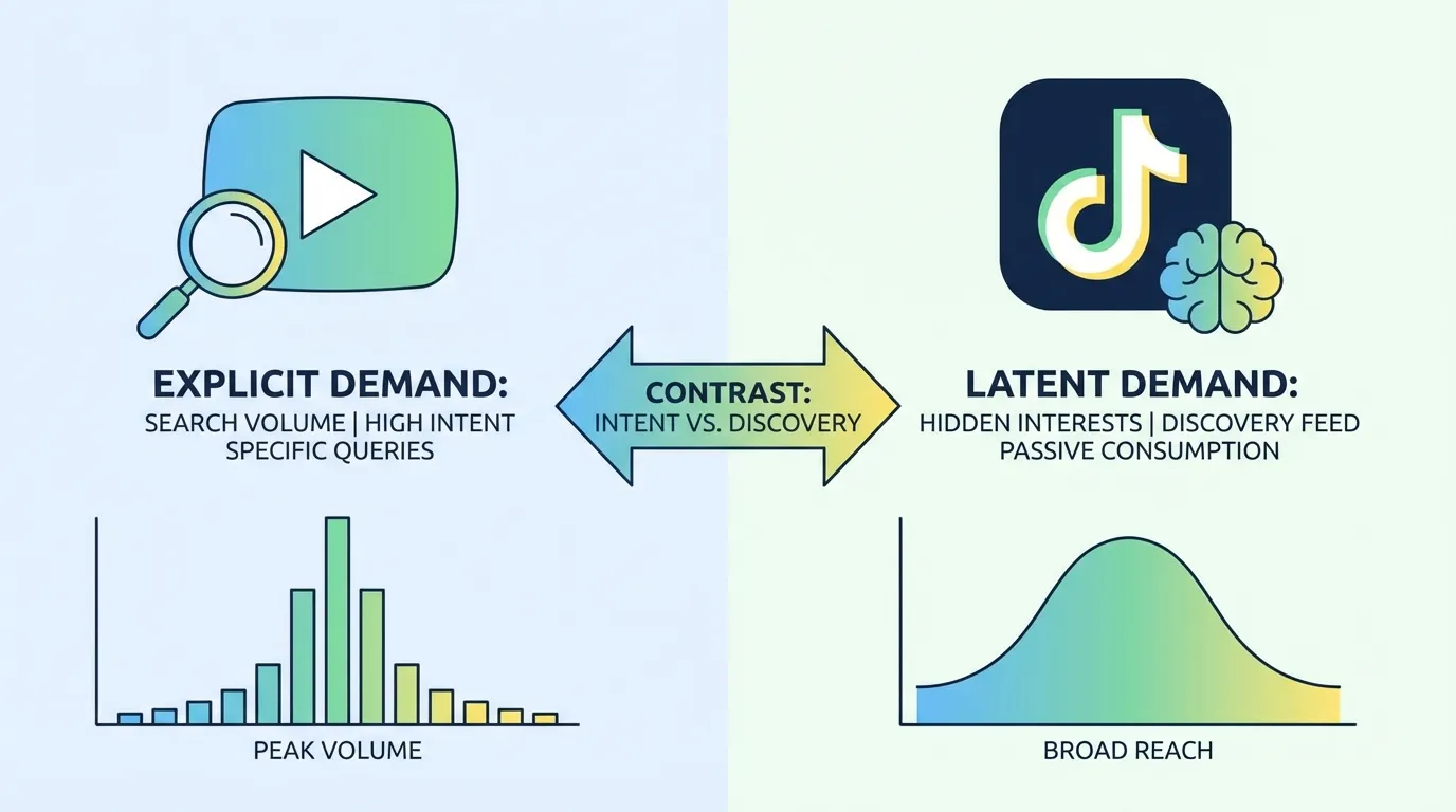 A diagram contrasting explicit demand (search volume) and latent demand (hidden interests) with icons representing YouTube and TikTok.