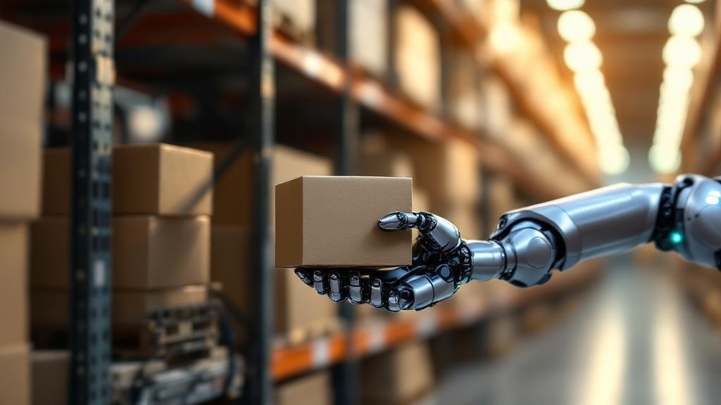 Robotic arm precisely handling boxes in automated warehouse
