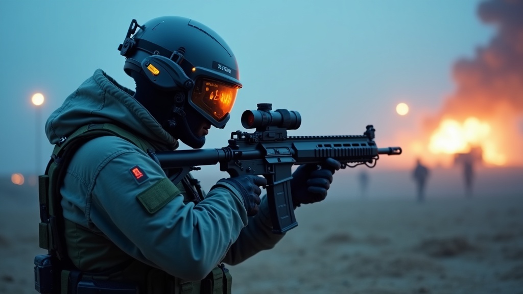 Un soldado usando el Anduril EagleEye casco militar con su interfaz de visión nocturna activa.
