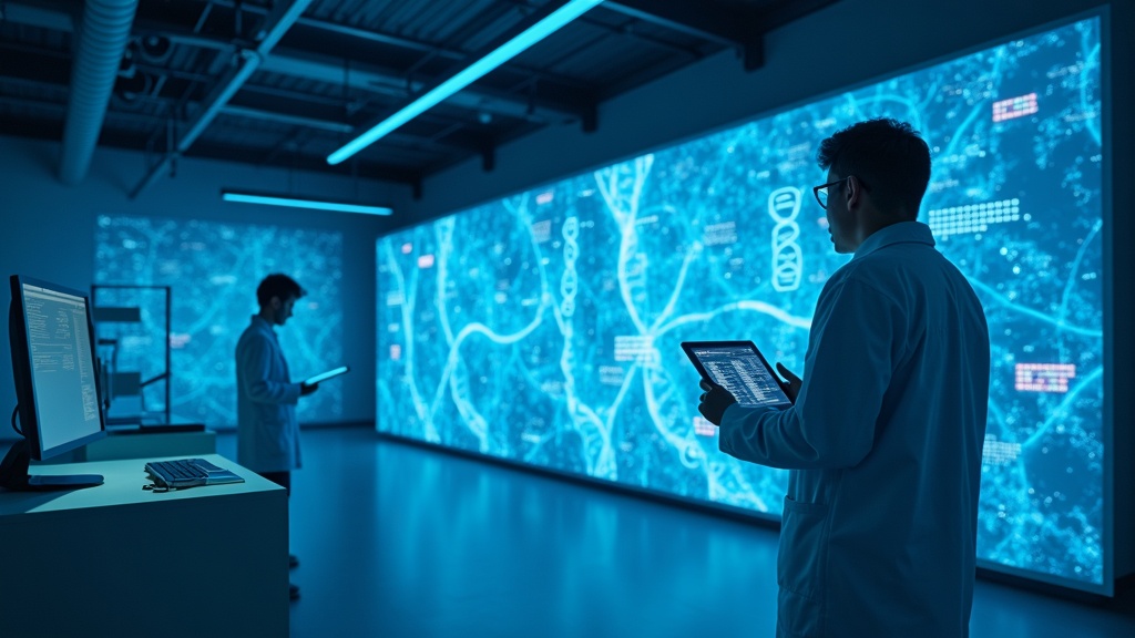 Redes neuronales y datos abstractos que representan la IA aplicada a la salud en el CESGA, mostrando la complejidad del proyecto.