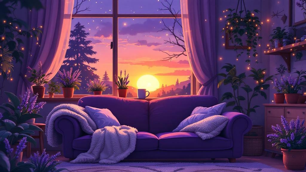 Relaxing evening scene with person on couch