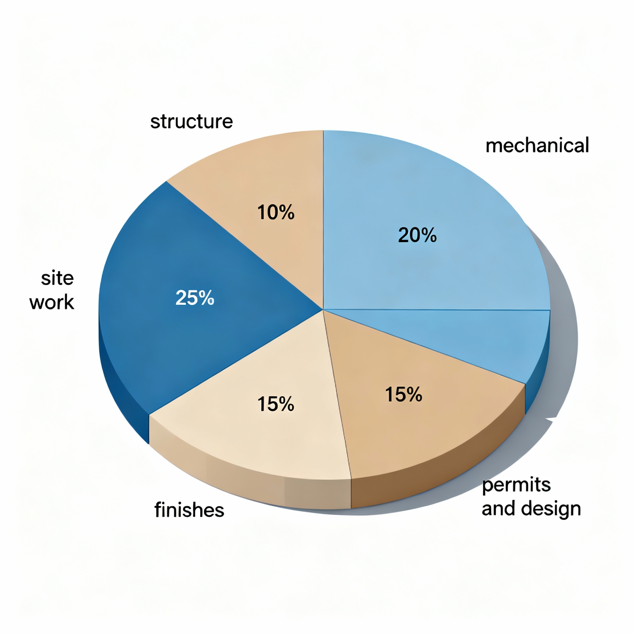 Isometric infographic-style diagram showing cost breakdown percentages for a luxury spa project: structure 30%, mechanical...