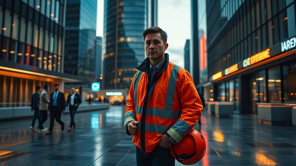 A cinematic, photorealistic movie-still set in a modern 2025 urban corporate environment. Wide 16:9 composition showing a contemporary plaza between glass-and-steel high-rises at dusk, where natural late-afternoon sunlight mixes with cool neon and office lights. In the foreground, a solitary mid-career professional wearing a clean, high-visibility safety jacket and holding a safety helmet stands slightly off-center, looking contemplative and dignified. Their posture communicates quiet resolve and the weight of responsibility rather than caricature. Midground, a small group of blurred colleagues in business attire walk past, engaged in conversation and turning away, suggesting social distance and the awkwardness of workplace judgment without depicting faces or identities. Background features detailed modern architectural elements: reflective curtain walls, elevated walkways, and subtle LED accents—no signage, logos, or text. Cinematic lighting with soft rim light and warm key light on the main figure, mixed with cool ambient neon reflections on wet pavement and glass surfaces. Photorealistic skin tones, realistic fabric and metal textures, visible fine details like stitching on the jacket and subtle scuffs on the helmet. Shallow depth of field and a filmic color grade — muted midtones with warm highlights and cool shadows — create emotional depth while maintaining realism. Shot as if captured by a high-end cinema lens, with crisp resolution, natural contrast, and slight atmospheric haze to enhance the sense of a real movie still. The overall mood is thoughtful and topical, evoking a contemporary debate about workplace respect and the dignity of safety-related work in a modern city, without referencing any specific show, person, organization, or location.