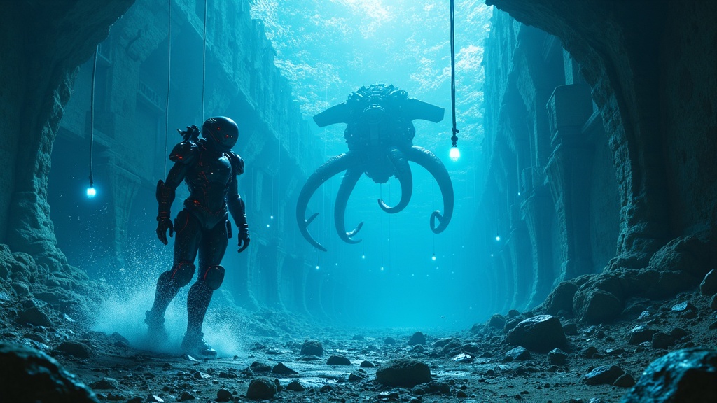 Arte conceptual de Titan Isles mostrando el bioma de desiertos de cromo y un Titán biomecánico