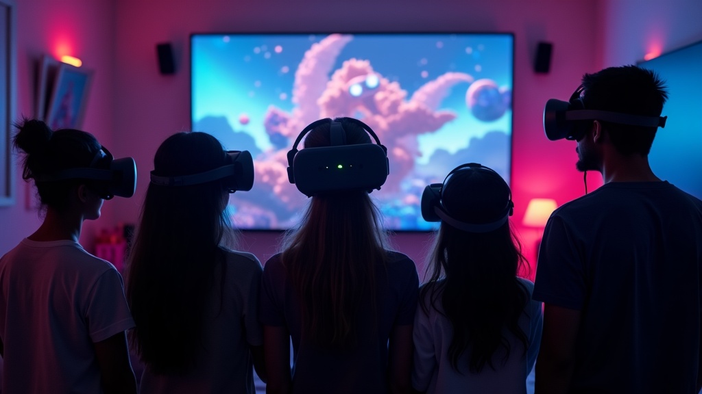 Grupo de amigos disfrutando de experiencias de realidad virtual en Barcelona en las instalaciones de Virtua